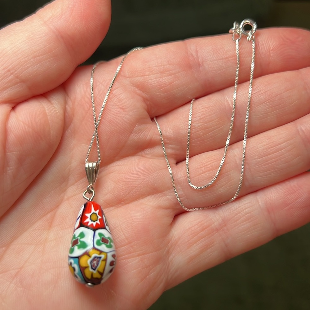 VTG Murano Colorful Millefiori Glass Teardrop Sterling Silver Pendant Necklace - Picture 3 of 5